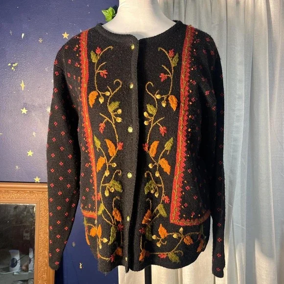 Vintage fall autumn leaf cardigan sweater Crystal Kobe medium black - Picture 3 of 8